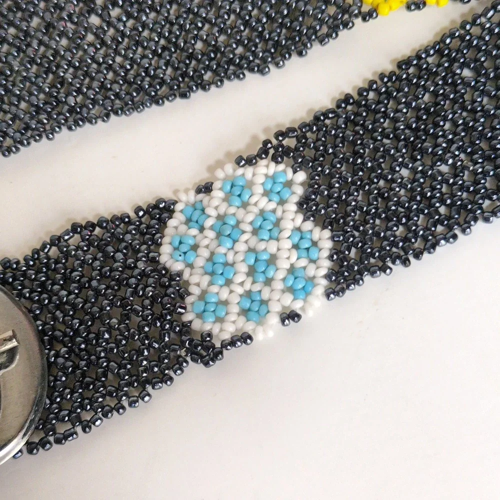 Southwestern Seed Bead Belt Native Black Geometric Floral Woven Beaded
